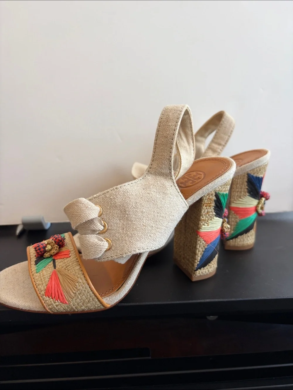 Tory Burch Neutral Raffia Wedge Sandals with Multicolor Tassel Detail